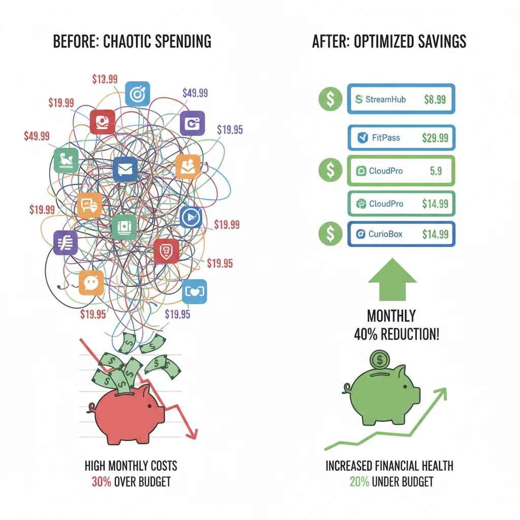 Infographic showing subscription spending optimization and savings
