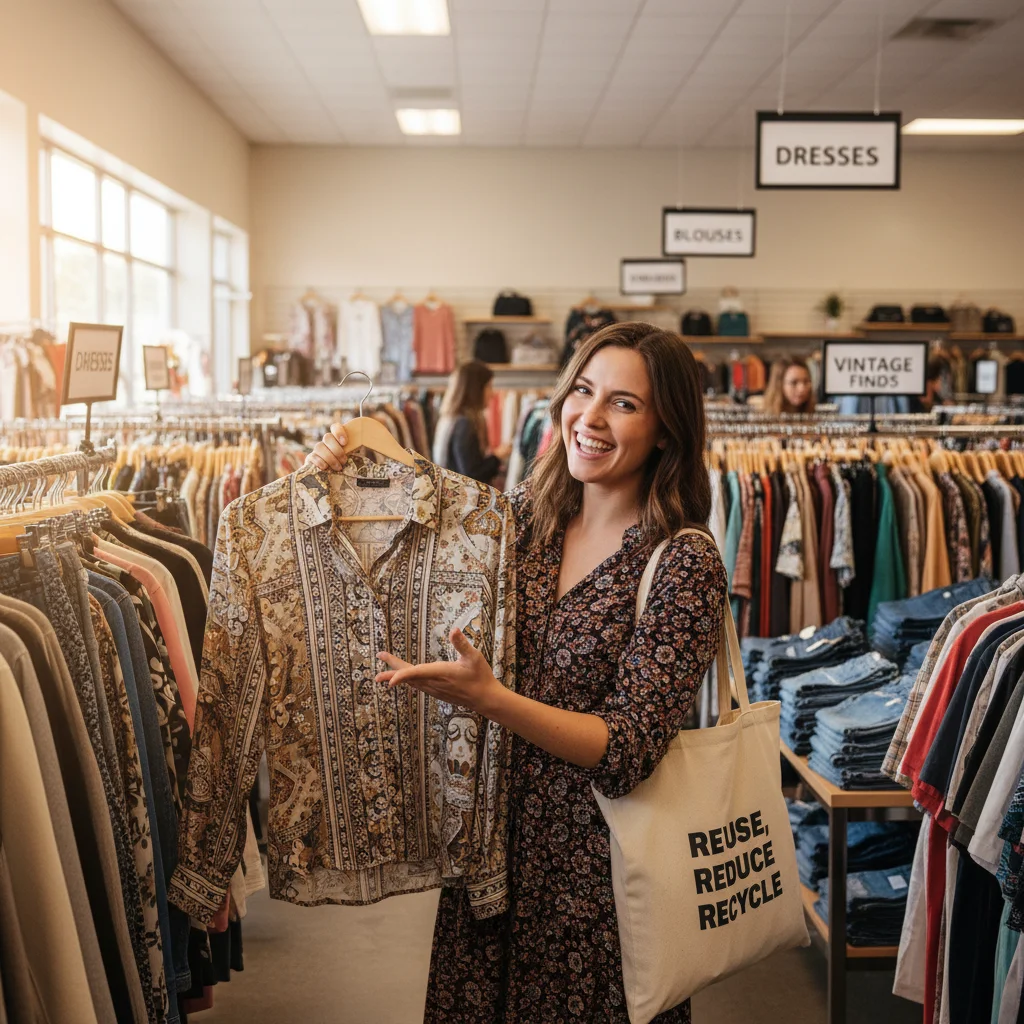 Joyful person thrifting for affordable fashion finds