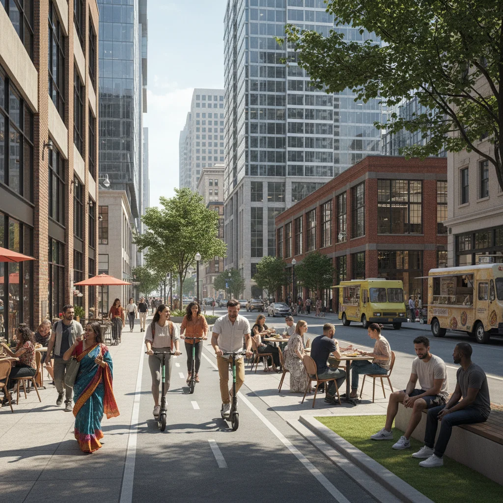 Revitalized urban downtown with diverse activity and less traditional office commuter traffic.