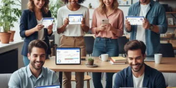 People happily using various budgeting apps on their devices, symbolizing financial control and saving.