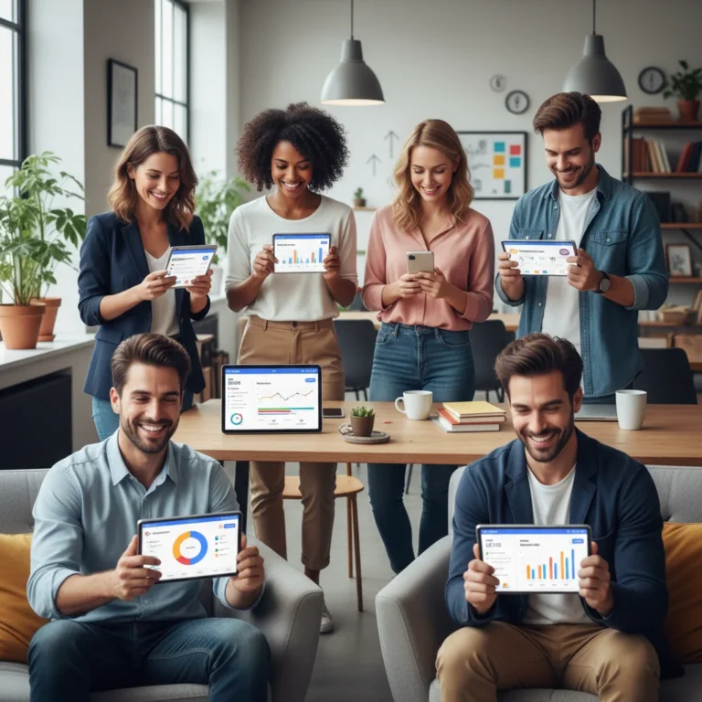 People happily using various budgeting apps on their devices, symbolizing financial control and saving.
