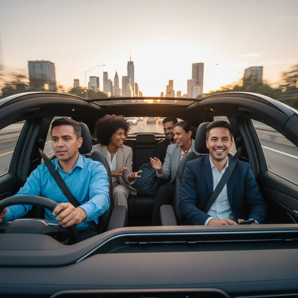 Diverse group carpooling, saving money and reducing traffic