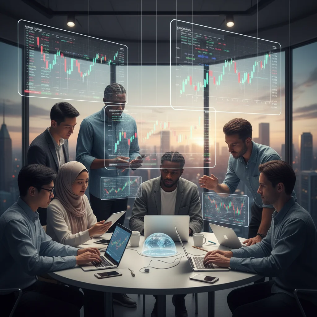 Diverse investors analyzing digital asset market charts and data