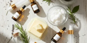 Natural ingredients for homemade beauty products arranged on a wooden table, emphasizing DIY personal care savings.