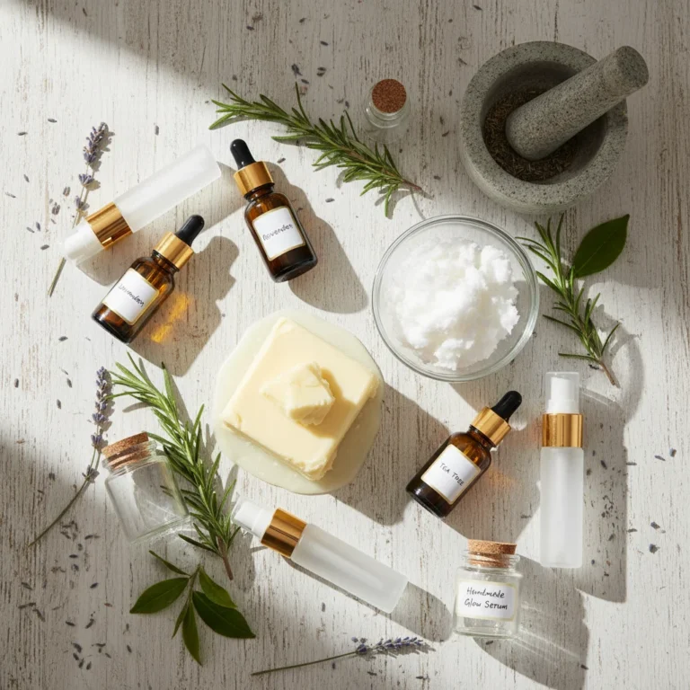 Natural ingredients for homemade beauty products arranged on a wooden table, emphasizing DIY personal care savings.