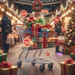 Shopping cart filled with gifts and discount tags for early Black Friday deals