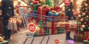 Shopping cart filled with gifts and discount tags for early Black Friday deals