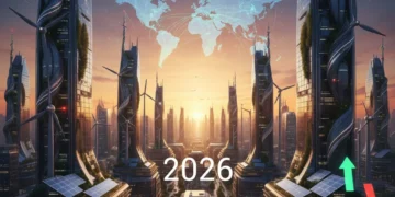 Futuristic city with renewable energy and global map illustrating energy price fluctuations in 2026.