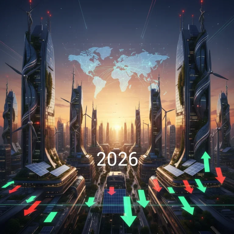 Futuristic city with renewable energy and global map illustrating energy price fluctuations in 2026.