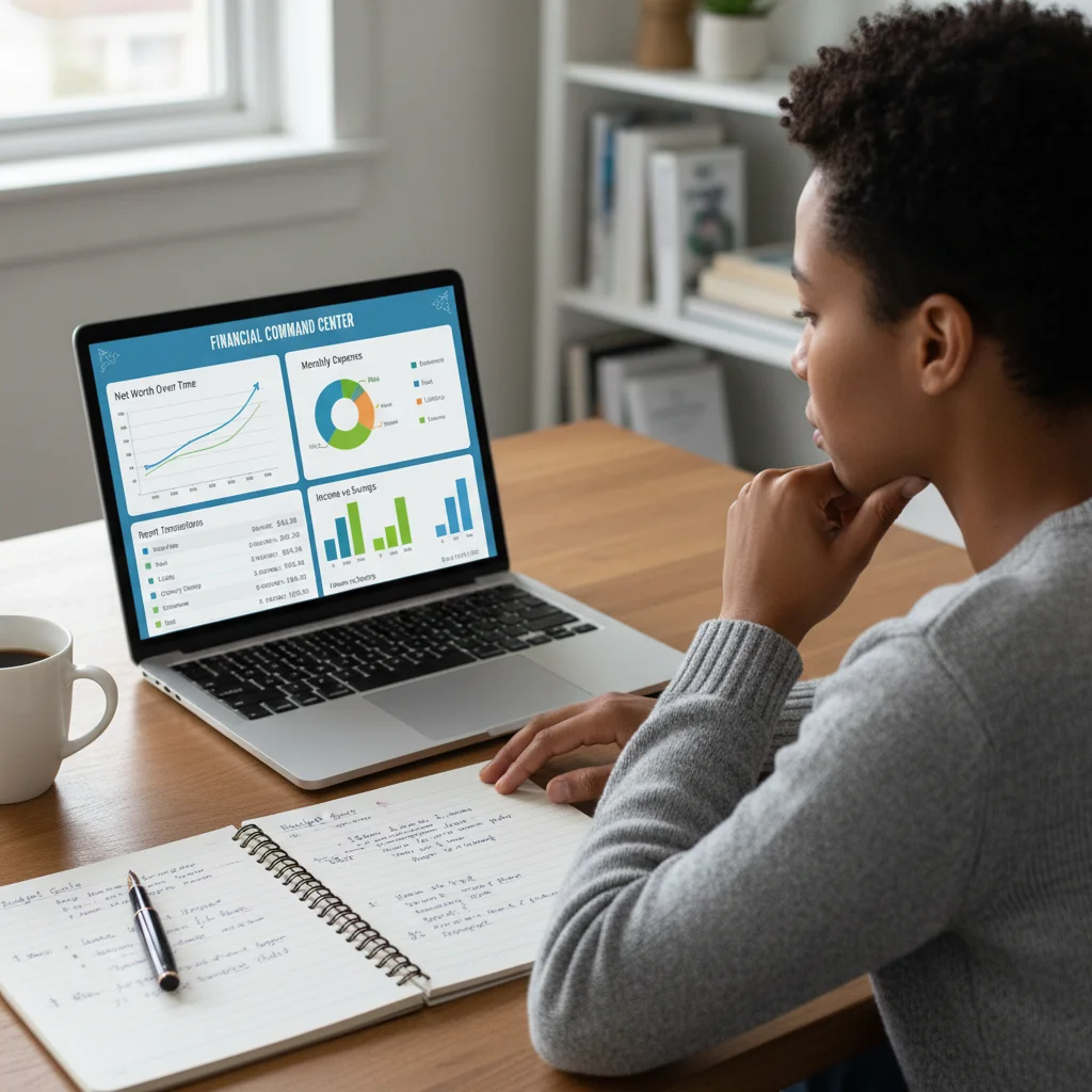 Individual reviewing a comprehensive financial dashboard on a laptop with budgeting software.