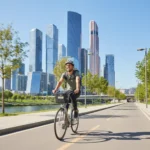 Cyclist enjoying a frugal commute on a sunny urban bike path