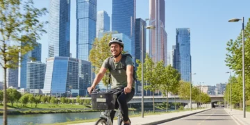 Cyclist enjoying a frugal commute on a sunny urban bike path