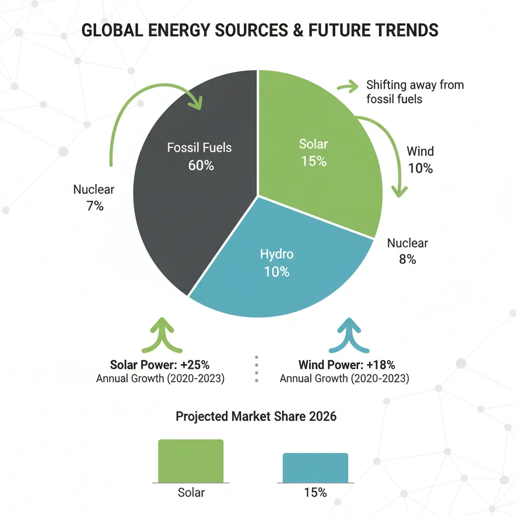Infographic displaying global energy source distribution and projected growth of renewable energy by 2026.