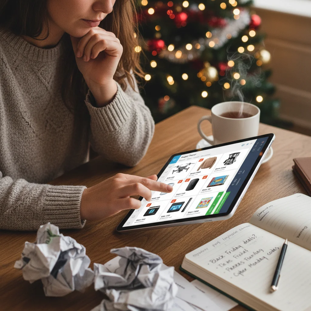 Person planning holiday shopping list on tablet for early deals