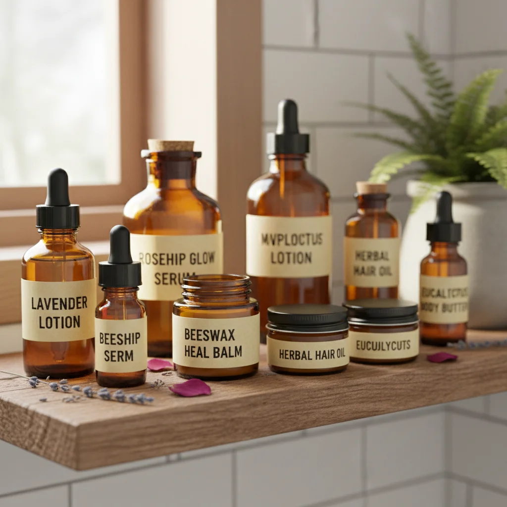 Assortment of homemade natural personal care products in elegant amber glass containers on a shelf.