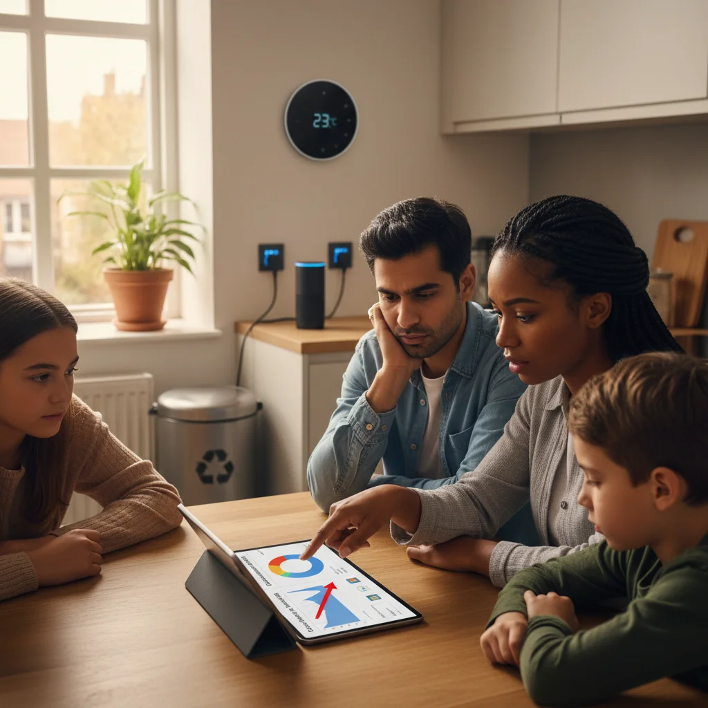Family reviewing a household utility bill on a tablet, concerned about rising energy costs.