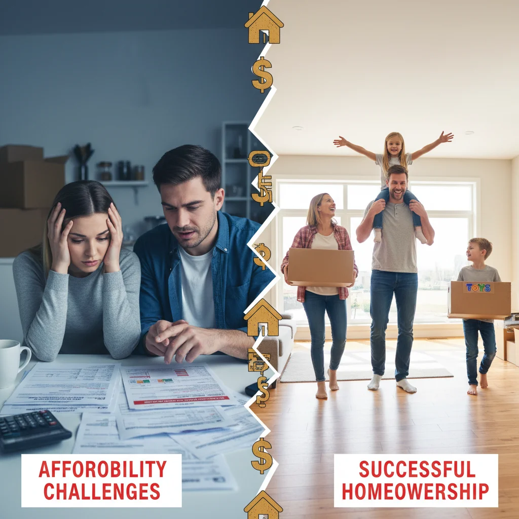 Couple reviewing mortgage documents and family moving into new home, illustrating housing affordability
