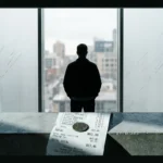 A person stands silhouetted against a frosted window with a crumpled grocery receipt and a single penny on a concrete ledge, symbolizing a frugal awakening due to economic pressures.