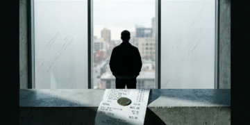 A person stands silhouetted against a frosted window with a crumpled grocery receipt and a single penny on a concrete ledge, symbolizing a frugal awakening due to economic pressures.