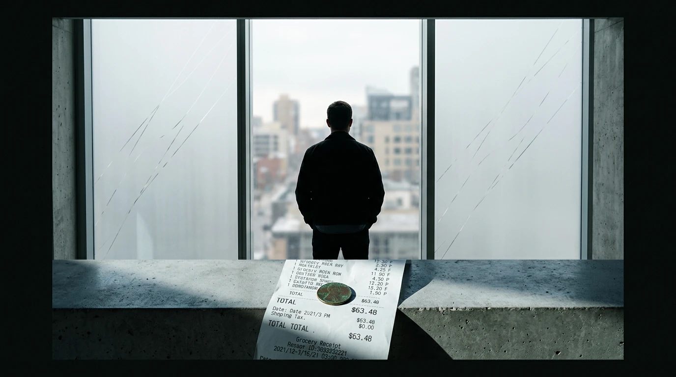 A person stands silhouetted against a frosted window with a crumpled grocery receipt and a single penny on a concrete ledge, symbolizing a frugal awakening due to economic pressures.