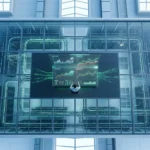Aerial drone view of a data center, a person analyzing holographic economic data visualizations, highlighting global financial trends and indicators.