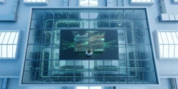 Aerial drone view of a data center, a person analyzing holographic economic data visualizations, highlighting global financial trends and indicators.