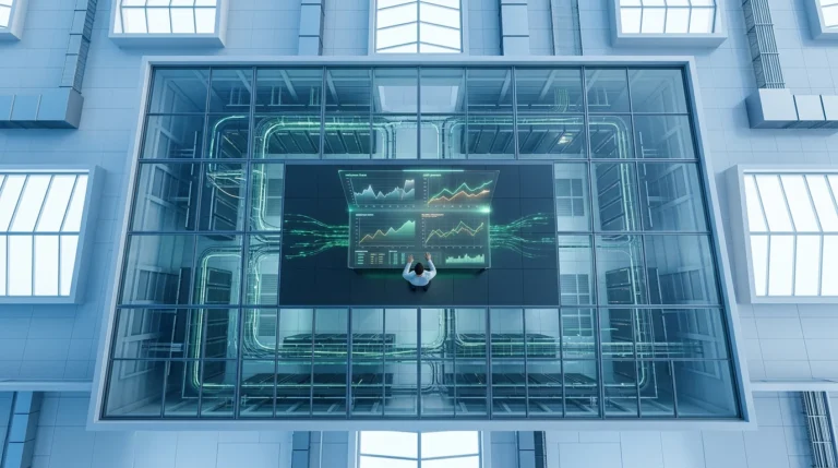 Aerial drone view of a data center, a person analyzing holographic economic data visualizations, highlighting global financial trends and indicators.