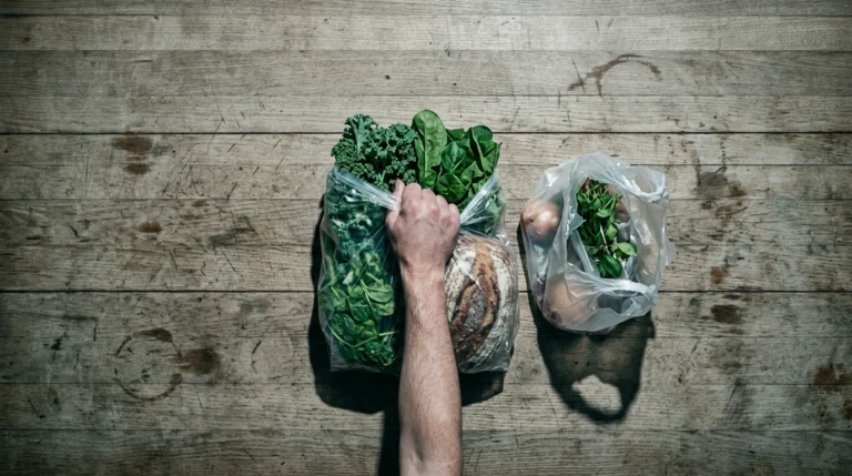 Overhead view of a person's hand holding a full grocery bag next to a visibly smaller, less full bag, symbolizing inflation and shrinkflation eroding purchasing power on a weathered kitchen table.