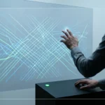A person analyzes complex economic data visualizations on a translucent screen, illustrating macroeconomic indicators and their impact on personal finance.