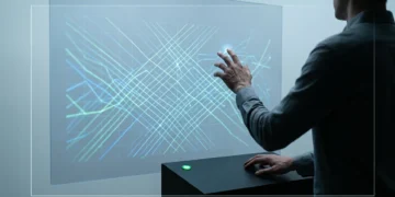 A person analyzes complex economic data visualizations on a translucent screen, illustrating macroeconomic indicators and their impact on personal finance.