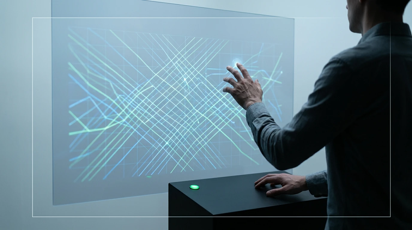 A person analyzes complex economic data visualizations on a translucent screen, illustrating macroeconomic indicators and their impact on personal finance.