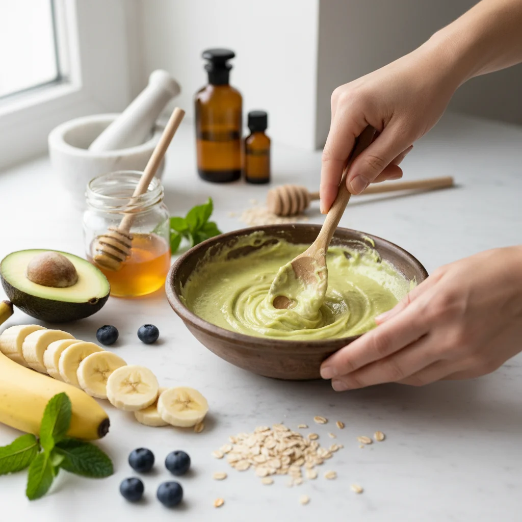 Hands mixing a homemade face mask with fresh ingredients, demonstrating a simple DIY personal care recipe.