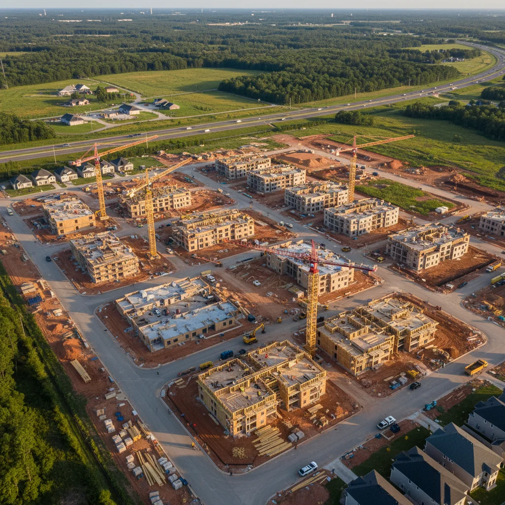 Aerial view of a large residential construction site with multiple new homes under development