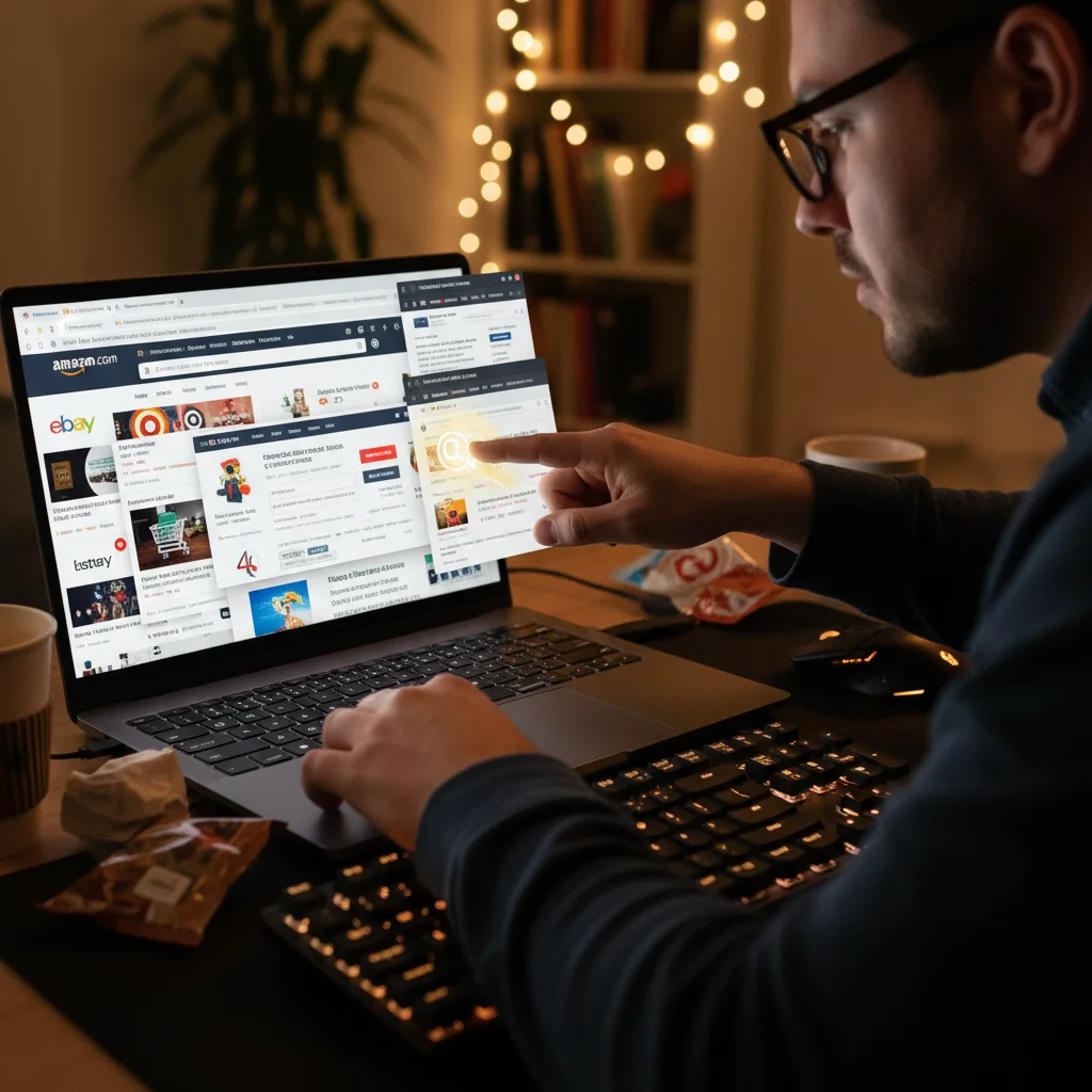 Online shopper comparing prices across multiple websites for best deals