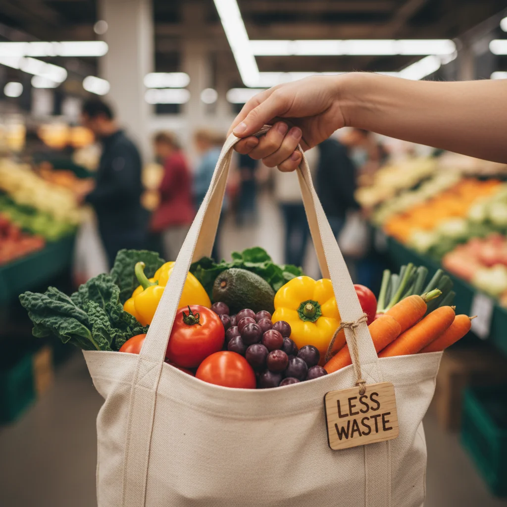 Hand holding reusable grocery bag with fresh produce, promoting conscious shopping.