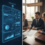 Robo-advisor digital interface versus traditional broker consultation, illustrating modern and classic investment approaches for 2026.