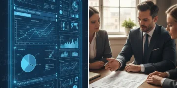 Robo-advisor digital interface versus traditional broker consultation, illustrating modern and classic investment approaches for 2026.