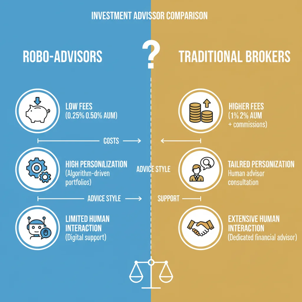 Infographic comparing features of robo-advisors and traditional brokers, highlighting fees, customization, and human support.