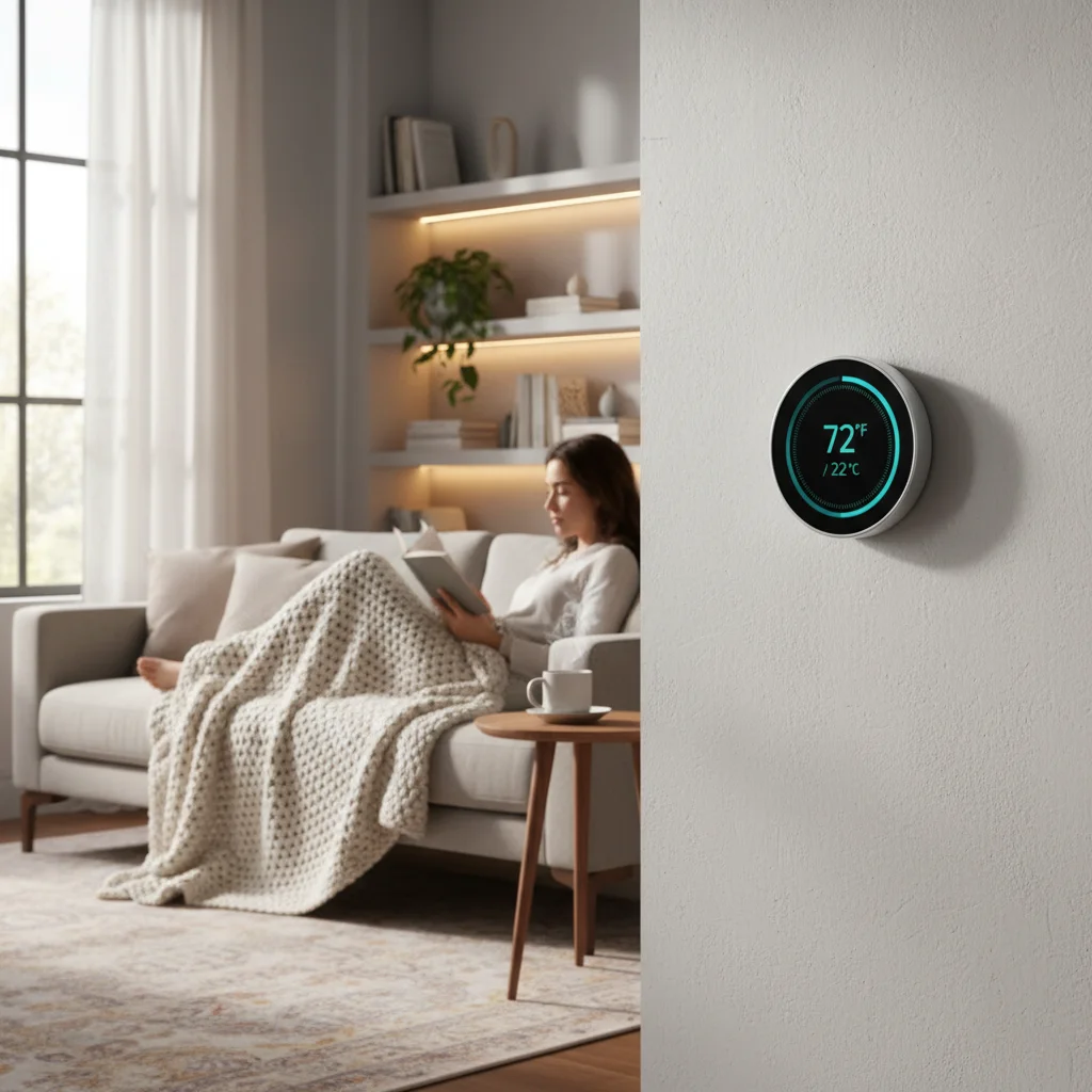 Smart thermostat in a cozy home with natural light, highlighting energy efficiency.