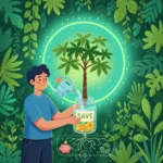 Sustainable Frugality: 7 Eco-Friendly Habits That Save You $1000 Annually Starting Now Person watering a money tree in a recycled jar, symbolizing sustainable savings.