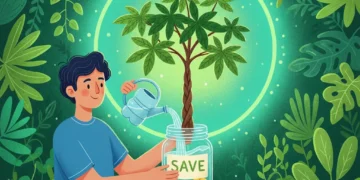 Person watering a money tree in a recycled jar, symbolizing sustainable savings.