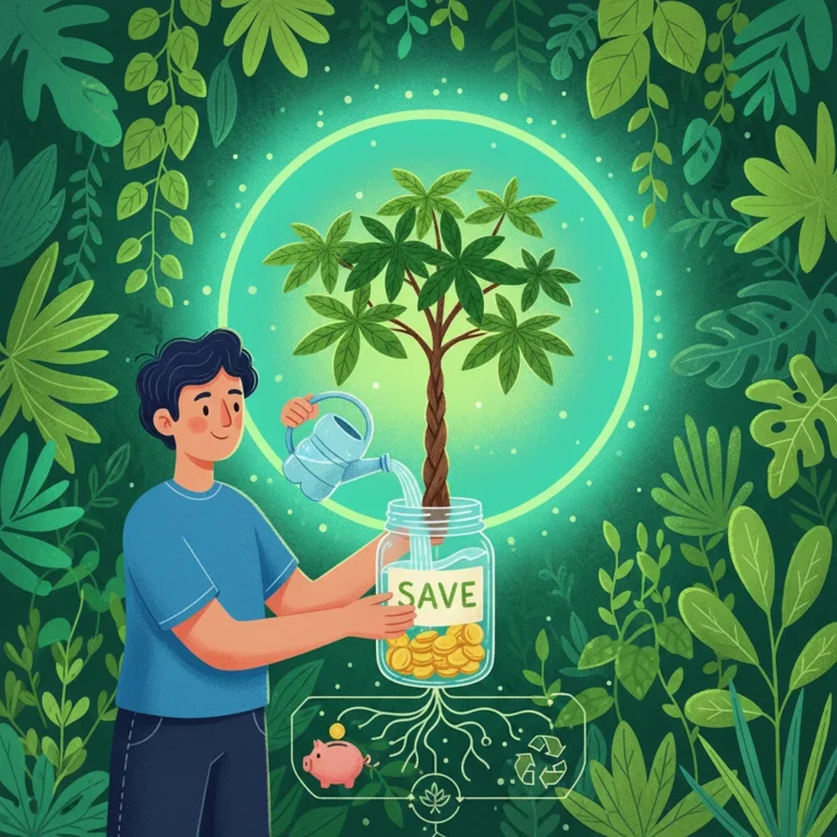 Person watering a money tree in a recycled jar, symbolizing sustainable savings.