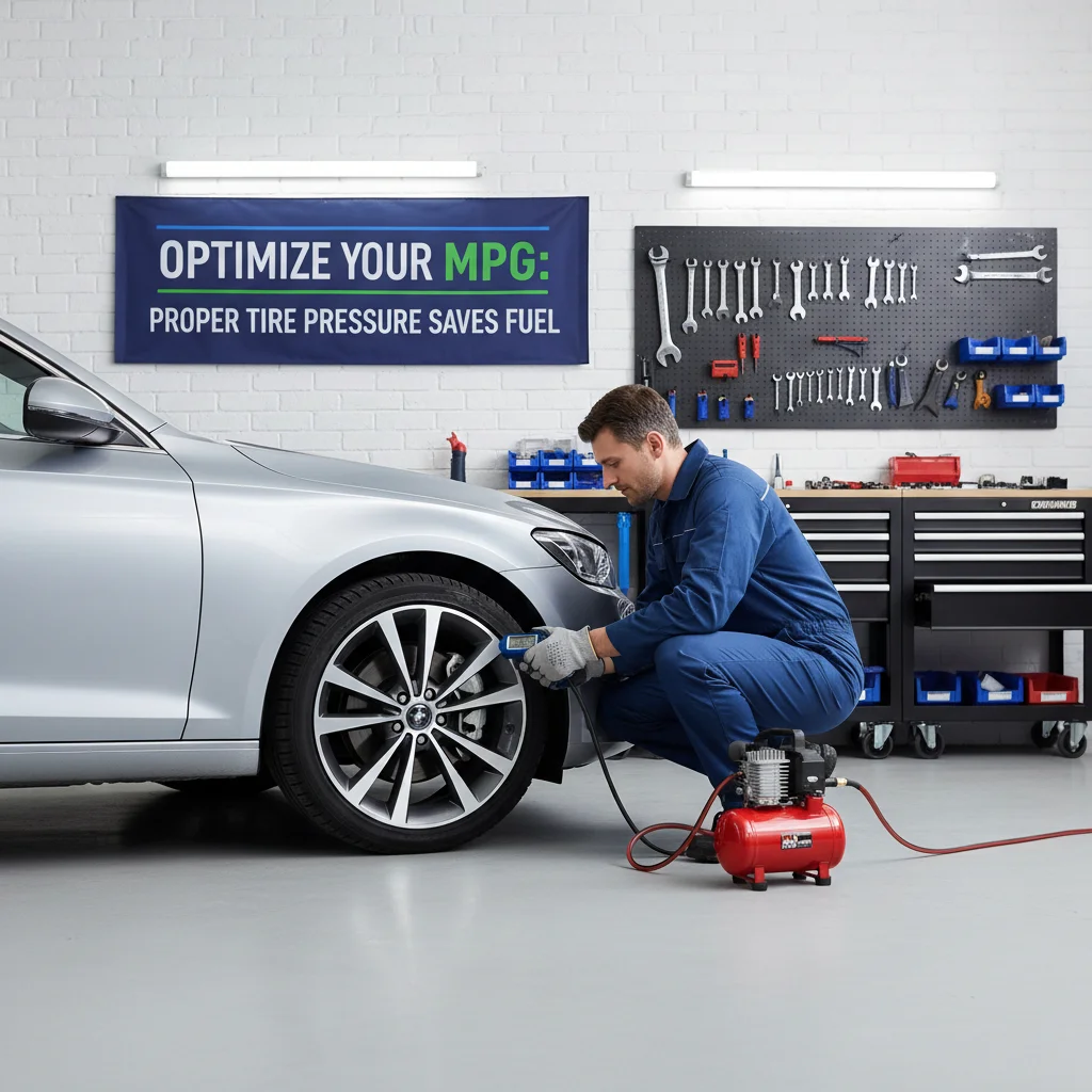 Person checking car tire pressure for better fuel economy