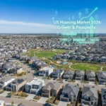 Suburban homes with financial charts overlay, symbolizing US housing market predictions for 2026