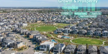 Suburban homes with financial charts overlay, symbolizing US housing market predictions for 2026