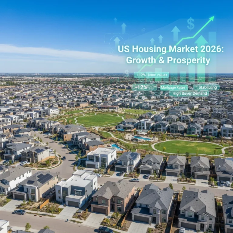 Suburban homes with financial charts overlay, symbolizing US housing market predictions for 2026